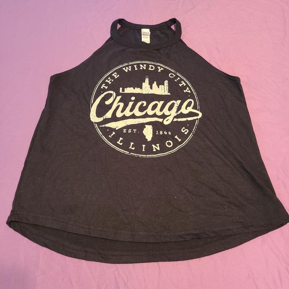 District Chicago Windy City Tank Top Black High Neck Halter Graphic Tee